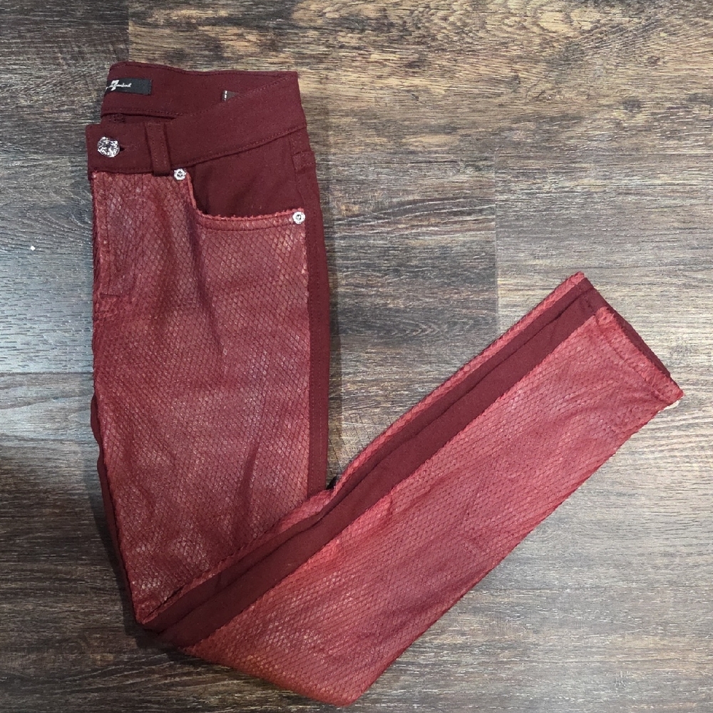 7 For All Mankind Burgundy Snake Print Skinny Jeans